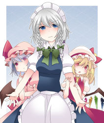 Rule 34 | 3girls, apron, argyle, argyle background, argyle clothes, arm grab, asymmetrical hair, bad id, bad pixiv id, bat wings, blonde hair, blue dress, blue eyes, bow, braid, chestnut mouth, dress, female focus, finger to cheek, flandre scarlet, flapping, hammer (sunset beach), hat, hat bow, izayoi sakuya, looking at viewer, maid, maid apron, maid headdress, multiple girls, open mouth, pink dress, pink eyes, puffy sleeves, red eyes, remilia scarlet, short sleeves, siblings, side ponytail, silver hair, sisters, touhou, twin braids, waist apron, wings