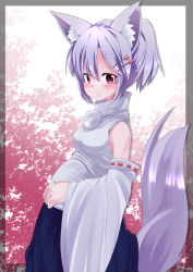 Rule 34 | 1girl, animal ears, blush, breasts, detached sleeves, hair ornament, hairclip, hands on stomach, highres, inubashiri momiji, noa (nagareboshi), ponytail, pregnant, red eyes, short hair, silver hair, small breasts, smile, solo, tail, touhou, wolf ears, wolf tail
