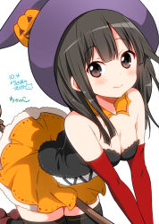 Rule 34 | 1girl, bare shoulders, black hair, black thighhighs, blush, breasts, brown eyes, chijou noko, chikanoko, cleavage, collarbone, commentary request, dated, detached collar, dress, elbow gloves, gloves, halloween, hat, kneeling, leaning forward, long hair, looking at viewer, ragho no erika, red gloves, signature, simple background, skirt, sleeveless, solo, strapless, strapless dress, tareme, thighhighs, white background, witch hat
