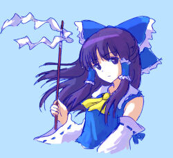 Rule 34 | 1girl, alternate color, ascot, blue background, blue bow, blue shirt, bow, closed mouth, detached sleeves, frown, gohei, hair bow, hair tubes, hakurei reimu, highres, holding, holding gohei, long hair, long sleeves, looking at viewer, official alternate color, purple eyes, purple hair, ribbon-trimmed sleeves, ribbon trim, shirt, simple background, solo, touhou, white sleeves, wide sleeves, yellow ascot, zawabug