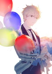 Rule 34 | 1boy, ahoge, arthur pendragon (fate), balloon, black necktie, blonde hair, blouse, collared shirt, fate/grand order, fate/prototype, fate (series), formal, green eyes, highres, jacket, male focus, necktie, rella, shirt, short hair, simple background, solo, standing, striped clothes, striped jacket, suit, white background, white shirt