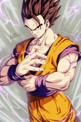 Rule 34 | 1boy, black eyes, black hair, commentary request, dougi, dragon ball, dragonball z, grin, male focus, muscular, muscular male, sekitsuki hayato, signature, smile, solo, son gohan, spiked hair, standing