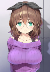Rule 34 | 1girl, artist name, black ribbon, blush, breasts, brown hair, closed mouth, commentary request, copyright request, glasses, green eyes, hair between eyes, hair ribbon, highres, large breasts, multicolored hair, off-shoulder sweater, off shoulder, purple hair, purple sweater, ribbed sweater, ribbon, signature, smile, solo, streaked hair, sweater, tyone, upper body