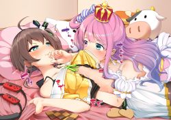 Rule 34 | 2girls, ahoge, bed, blush, brown hair, candy hair ornament, collarbone, commentary request, food-themed hair ornament, green eyes, hair ornament, heterochromia, highres, himemori luna, himemori luna (1st costume), hololive, long hair, lying, multiple girls, natsuiro matsuri, natsuiro matsuri (1st costume), pillow, pink hair, stuffed animal, stuffed toy, virtual youtuber, yu yun, yuri
