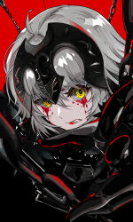 Rule 34 | 1girl, absurdres, ahoge, black dress, black gloves, blood, blood on face, bloody tears, chain, commentary, dress, english commentary, fate/grand order, fate (series), gloves, grey hair, hair between eyes, headpiece, herrinalexander, highres, jeanne d&#039;arc alter (avenger) (fate), jeanne d&#039;arc alter (fate), lips, looking at viewer, pale skin, reaching, reaching towards viewer, red background, red lips, short hair, simple background, solo, teeth, yellow eyes