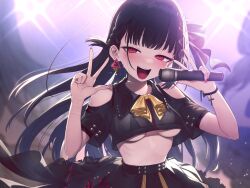 1girl backlighting bare_shoulders black_hair blush bracelet braid breasts clothing_cutout concert crop_top cross double_v ear_piercing earrings highres holding holding_microphone idol jewelry long_hair medium_breasts microphone non-web_source open_mouth original piercing red_eyes self-harm_scar shoulder_cutout signalviolet skirt solo stage_lights sweat tongue tongue_piercing underboob upper_body v