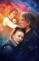 Rule 34 | 1boy, 1girl, aged down, bad end, couple, dual persona, epic, good end, grey hair, han solo, hetero, highres, hug, husband and wife, jacket, laura hollingsworth, old, princess leia organa solo, realistic, sad, science fiction, signature, sky, smile, space, spoilers, star (sky), star wars, star wars: return of the jedi, star wars: the force awakens, starry sky, time paradox, vest