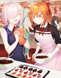 Rule 34 | 4girls, :d, ^ ^, alternate costume, apron, baking, bow, cake, chocolate, closed eyes, cookie, cooking class, fate/grand order, fate (series), food, fujimaru ritsuka (female), green hair, hair between eyes, hair bow, hair over one eye, heart shaped cookie, jam filled cookie, kiyohime (fate), long hair, mash kyrielight, mixing bowl, multiple girls, necktie, open mouth, orange eyes, orange hair, oven mitts, pastry, pink hair, ponytail, red bow, red necktie, short sleeves, sidelocks, sleeveless, sleeves past elbows, smile, spatula, standing, tamamo no mae (fate/extra), uraha
