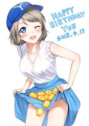 Rule 34 | 1girl, blue eyes, blue hat, blue skirt, blush, breasts, brown hair, clothes lift, cowboy shot, food, fruit, happy birthday, hat, highres, long skirt, looking at viewer, love live!, love live! school idol festival, love live! sunshine!!, medium breasts, one eye closed, orange (fruit), sankuro (agoitei), short hair, simple background, skirt, skirt lift, solo, thighs, watanabe you, white background