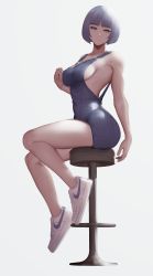 Rule 34 | 1girl, absurdres, bad id, bad pixiv id, bare legs, bare shoulders, breasts, cleavage, denim, full body, grey background, highres, large breasts, medium breasts, nike (company), original, overall shorts, overalls, purple eyes, purple hair, shoes, short hair, sideboob, sitting, sneakers, solo, stool, zaki (zaki btw)