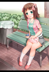 Rule 34 | 1girl, :d, amami haruka, bench, bento, blush, bow, brown hair, bush, casual, green eyes, hair bow, idolmaster, idolmaster (classic), jewelry, legs, letterboxed, looking at viewer, lunchbox, open mouth, park bench, pendant, polka dot, short hair, sitting, skirt, smile, socks, solo, takasaka donten, thick thighs, thighs, trash can, white socks