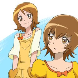 Rule 34 | 10s, 2girls, bare shoulders, blue background, brown eyes, brown hair, color connection, crossover, eyelashes, happinesscharge precure!, happy, heart, heartcatch precure!, look-alike, looking at another, looking at viewer, multiple girls, myoudouin itsuki, oomori yuuko, open mouth, overalls, precure, shirt, short hair, smile, trait connection, tsukikage oyama, white background