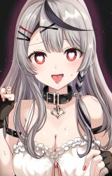 Rule 34 | absurdres, bare shoulders, black collar, black hair, braid, breasts, cleavage, collar, fingerless gloves, frilled shirt, frills, gloves, grey hair, hair ornament, hairclip, heart, heart-shaped pupils, heart collar, heart pendant, highres, hololive, kudoukudokudo, large breasts, long hair, multicolored hair, pendant collar, red eyes, red nails, sakamata chloe, sakamata chloe (1st costume), shirt, single braid, sleeveless, sleeveless shirt, streaked hair, sweat, symbol-shaped pupils, tongue, upper body, virtual youtuber, x hair ornament