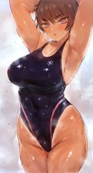 Rule 34 | 1girl, armpits, arms behind head, breasts, brown hair, c.cu, competition swimsuit, curvy, dark skin, dark-skinned female, female focus, large breasts, lips, one-piece swimsuit, solo, swimsuit, tan, tanline, thighs, wet