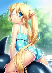 Rule 34 | 1girl, ass, blonde hair, blue eyes, blue one-piece swimsuit, bush, casual one-piece swimsuit, commentary request, cowboy shot, eyepatch, frilled swimsuit, frills, from behind, inflatable dolphin, inflatable toy, light rays, long hair, looking back, nakatsu shizuru, one-piece swimsuit, polka dot, polka dot swimsuit, rewrite, riding, smile, solo, sparkle, sunbeam, sunlight, swimsuit, twintails, yellow eyes, zen