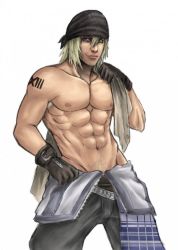 Rule 34 | 10s, 1boy, abs, final fantasy, final fantasy xiii, hat, male focus, pectorals, simple background, snow villiers, solo, tattoo, topless male, white background