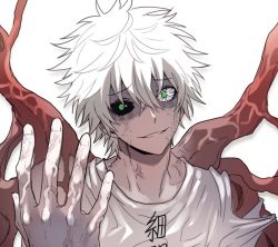 Rule 34 | 10s, 1boy, bad id, bad twitter id, black sclera, blouse, cancer cell (hataraku saibou), colored sclera, cracked eye, green eyes, hair between eyes, hataraku saibou, heterochromia, looking at viewer, male focus, mismatched sclera, open palm, parted lips, shirt, simple background, smile, solo, spiked hair, t-shirt, tentacles, upper body, veins, white background, white hair, white shirt