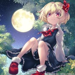 1girl arikanrobo ascot black_skirt black_vest blonde_hair closed_mouth collared_shirt commentary_request frilled_skirt frills full_moon hair_ribbon in_tree long_sleeves moon night night_sky outdoors red_ascot red_eyes red_footwear red_ribbon ribbon rumia shirt shoes short_hair sitting sitting_in_tree skirt skirt_set sky smile socks solo star_(sky) starry_sky touhou touhou_cannonball tree vest white_shirt white_socks