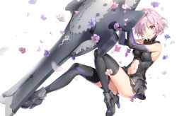 Rule 34 | 1girl, anmi, armor, armored dress, black thighhighs, boots, breasts, fate/grand order, fate (series), flower, full body, hair over one eye, high heel boots, high heels, highres, looking at viewer, mash kyrielight, medium breasts, navel, petals, purple eyes, purple hair, shield, short hair, simple background, solo, thighhighs, white background