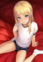 Rule 34 | 1girl, arm behind back, arm support, bare legs, bed sheet, blonde hair, blue buruma, blue eyes, buruma, commentary request, female focus, from above, gym uniform, hand to own mouth, hand up, highres, knees out of frame, leaning back, long hair, looking at viewer, looking up, original, shiny skin, shirt, short sleeves, sitting, smile, socks, sody, solo, spread legs, sweat, thighs, wariza, white footwear, white shirt, white socks
