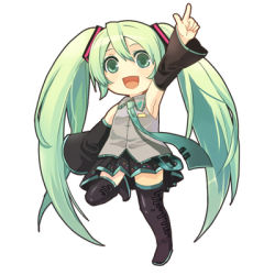 Rule 34 | 1girl, armpits, chibi, detached sleeves, eyebrows, green eyes, green hair, hair between eyes, hair ornament, hatsune miku, index finger raised, long hair, long twintails, looking at viewer, lowres, necktie, no nose, open mouth, pointing, sazame, simple background, skirt, solo, standing, standing on one leg, thighhighs, twintails, very long hair, vocaloid, white background