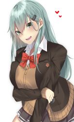 Rule 34 | 10s, 1girl, :d, blazer, bow, bowtie, breast hold, breasts, brown jacket, brown skirt, buttons, cardigan, collared shirt, commentary request, frilled skirt, frills, green eyes, green hair, hair between eyes, hair ornament, hairclip, head tilt, heart, highres, holding own arm, jacket, kantai collection, large breasts, long hair, long sleeves, looking at viewer, miniskirt, onineko-chan, open mouth, pleated skirt, red bow, red bowtie, school uniform, shirt, simple background, skirt, smile, solo, standing, suzuya (kancolle), tareme, teeth, white background, wing collar