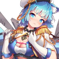 Rule 34 | 1girl, :t, aiguillette, animal ears, blue eyes, blue hair, breasts, cat ears, catxuan, cleavage, epaulettes, gloves, hat, original, riding crop, solo