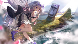 Rule 34 | 1girl, :d, advarcher, barefoot, beach, clenched hand, clenched teeth, commentary, crystal, dress, flying, from behind, grey hair, hand up, highres, hololive, hololive english, island, koseki bijou, koseki bijou (1st costume), leaning forward, light particles, long hair, looking at viewer, moai, mountainous horizon, multicolored hair, ocean, open mouth, purple eyes, scenery, smile, soles, solo, teeth, toes, vignetting, virtual youtuber, white dress, wings