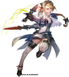 Rule 34 | 1girl, armor, blonde hair, boots, braid, dual wielding, full body, gauntlets, hair ribbon, headdress, holding, holding sword, holding weapon, liduke, armored boots, monster hunter (series), official art, parted lips, pauldrons, pink eyes, plate armor, red ribbon, ribbon, short sword, shoulder armor, simple background, single braid, solo, standing, standing on one leg, sword, tress ribbon, watermark, weapon, white background