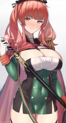1girl, azur lane, bangs, beret, between breasts, black cape, black headwear, blush, breasts, cape, cleavage, closed mouth, covered navel, cowboy shot, dress, epaulettes, eyebrows visible through hair, garter straps, glint, gloves, gradient, gradient background, green dress, green sleeves, hat, highres, holding, holding sword, holding weapon, italian flag, large breasts, long hair, looking at viewer, microdress, morino (harpoomoss), nose blush, red cape, red hair, sheath, sheathed, shrug (clothing), sidelocks, simple background, skindentation, smile, solo, standing, strapless, strapless dress, sword, thigh gap, twitter username, two-tone cape, weapon, white background, white gloves, zara (azur lane)