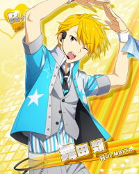 Rule 34 | 1boy, blonde hair, buttons, card (medium), character name, collared shirt, headpiece, idol, idolmaster, idolmaster side-m, maita rui, male focus, necktie, official art, one eye closed, open mouth, shirt, short sleeves, solo, yellow background