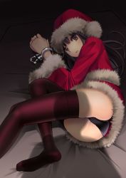 Rule 34 | 1girl, bad id, bad pixiv id, bdsm, black eyes, black panties, bondage, bound, bound wrists, chain, chikuwa (glossymmmk), chikuwa (odennabe), christmas, closed mouth, cuffs, fur trim, handcuffs, hat, long hair, long sleeves, looking at viewer, lying, no shoes, on bed, on side, original, panties, pantyshot, pom pom (clothes), red hat, red shirt, red skirt, red thighhighs, santa costume, santa hat, shadow, shirt, skirt, solo, thighhighs, underwear, upskirt