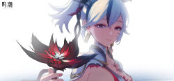 1girl absurdres black_flower blurry blurry_background breasts camellya_(wuthering_waves) chinese_commentary commentary earrings flower gift giving_flower grey_eyes hair_flower hair_ornament highres jewelry logo looking_at_viewer medium_breasts official_art pink_nails red_flower red_pupils short_twintails smile tacet_mark_(wuthering_waves) twintails white_background white_hair wuthering_waves