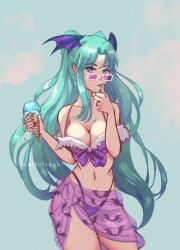 Rule 34 | 1girl, absurdres, alternate hairstyle, artist name, bat wings, bikini, breasts, capcom, cleavage, demon girl, food, green eyes, green hair, highres, ice cream, large breasts, legs, licking, long hair, looking at viewer, morrigan aensland, navel, sarong, smile, solo, sunglasses, swimsuit, thighs, thong bikini, tongue, tongue out, twintails, vampire (game), wings