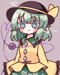 Rule 34 | 1girl, absurdres, blush stickers, bow, broken heart, buttons, closed mouth, collar, diamond button, floral print, flower, frilled collar, frilled sleeves, frills, green eyes, green hair, green skirt, hat, hat bow, heart, heart of string, highres, komeiji koishi, long sleeves, purple background, rose, rose print, sad, shirt, short hair, simple background, skirt, sleeves past fingers, sleeves past wrists, solo, third eye, touhou, waroemon, yellow bow, yellow shirt