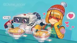 Rule 34 | 1girl, arms (game), beanie, blonde hair, chinese clothes, domino mask, facepaint, family computer robot, food, hat, knit hat, mask, min min (arms), nintendo, noodles, short hair, smile, super smash bros., yasaikakiage