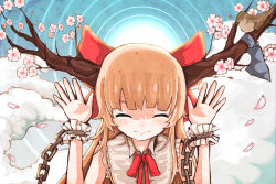 Rule 34 | 1girl, bird, blonde hair, blue bow, blunt bangs, bow, bowtie, brown horns, closed eyes, closed mouth, commentary request, flat chest, hair bow, hakurou (3941341), highres, horn bow, horn ornament, horns, ibuki suika, long hair, petals, red bow, red bowtie, shirt, sleeveless, sleeveless shirt, smile, solo, sparrow, touhou, upper body, white shirt, wooden horns, wrist cuffs