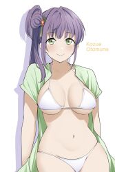 Rule 34 | 1girl, barkhorn0331, bikini, blush, breasts, character name, cleavage, closed mouth, flower, green eyes, hair flower, hair ornament, highres, link! like! love live!, long hair, love live!, medium breasts, navel, otomune kozue, purple hair, shadow, side ponytail, simple background, smile, solo, swimsuit, white background, white bikini