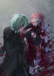 Rule 34 | 1boy, 1girl, armor, black gloves, blood, blood on clothes, blood on ground, breasts, byleth (fire emblem), byleth (male) (fire emblem), crying, dying, earrings, fire emblem, fire emblem: three houses, gloves, green hair, heroes relic (fire emblem), highres, hilda valentine goneril, holding, holding sword, holding weapon, injury, jewelry, large breasts, matching hair/eyes, nadaffs, nintendo, open mouth, pink eyes, pink hair, sword, sword of the creator, tearing up, tears, twintails, weapon