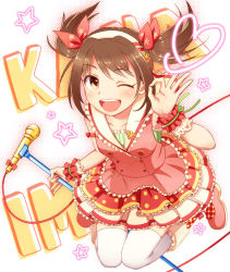 Rule 34 | 10s, 1girl, ;d, blush, brown hair, character name, collarbone, hair ornament, idolmaster, idolmaster cinderella girls, imai kana, microphone, microphone stand, one eye closed, open mouth, orange eyes, short hair, sleeveless, smile, solo, star (symbol), thighhighs, twintails, udon (memai no kabe), white thighhighs, wink, wrist cuffs