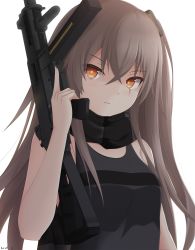 Rule 34 | bare arms, bare shoulders, black tank top, breasts, brown eyes, crossed bangs, foregrip, girls&#039; frontline, grey hair, gun, h&amp;k ump, h&amp;k ump, hair between eyes, hair ornament, heckler &amp; koch, highres, holding, holding gun, holding weapon, keenh, magazine (weapon), one side up, scar, scar across eye, scar on face, small breasts, solo, submachine gun, tank top, ump45 (girls&#039; frontline), weapon, white background