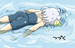 Rule 34 | 1girl, afloat, ass, blue one-piece swimsuit, bubble, competition school swimsuit, ear covers, ear ornament, artistic error, face down, grey hair, gundam, gundam wing, highres, hishi miracle (umamusume), horse girl, medium hair, no tail, one-piece swimsuit, parody, partially submerged, scene reference, school swimsuit, shikararemimi, solo, swimsuit, to be continued, tracen swimsuit, translated, umamusume