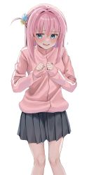 Rule 34 | 1girl, blue eyes, bocchi the rock!, cube hair ornament, gotoh hitori, grey skirt, hair between eyes, hair ornament, hair over eyes, highres, jacket, knees together feet apart, long hair, looking away, nervous smile, one side up, open mouth, otsu hai18, pink hair, pink jacket, pleated skirt, simple background, skirt, smile, solo, track jacket, white background