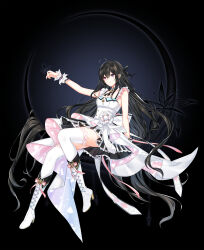 Rule 34 | 1girl, ahoge, arm support, back bow, bai winchester, black background, black bow, black butterfly, black flower, black hair, boots, bow, breasts, bug, butterfly, butterfly on hand, closers, crescent, cross-laced footwear, cross tie, detached collar, dress, dress bow, ear ornament, flower, footwear bow, frilled bracelet, full body, hair between eyes, hair bow, heterochromia, high heel boots, high heels, highres, insect, knee boots, lace, lace-trimmed legwear, lace-up boots, lace trim, long hair, medium breasts, official art, outstretched arm, pink bow, pink eyes, purple eyes, short dress, sitting, sleeveless, sleeveless dress, smile, solo, striped clothes, striped dress, tachi-e, thighhighs, vertical-striped clothes, vertical-striped dress, very long hair, white bow, white dress, white footwear, white thighhighs