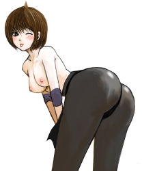 Rule 34 | 1girl, :p, ;p, ass, bent over, breasts, brown eyes, brown hair, elbow pads, kazaana, leaning forward, nipples, one eye closed, original, short hair, solo, tongue, tongue out, topless, wink
