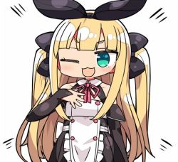 Rule 34 | ;3, ;d, bare shoulders, black bow, black dress, black ribbon, blonde hair, blunt bangs, blush, bow, collarbone, detached sleeves, dress, green eyes, hair bow, hair ribbon, hand on own chest, kanikama, long hair, long sleeves, looking at viewer, lowres, mononobe alice, nijisanji, one eye closed, open mouth, ribbon, simple background, sleeves past wrists, smile, solo, two side up, very long hair, virtual youtuber, white background
