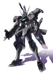 Rule 34 | absurdres, clenched hand, glowing, gun, heyzan, highres, holding, holding gun, holding weapon, holstered, looking ahead, mecha, muv-luv, muv-luv alternative, no humans, robot, science fiction, shadow, solo, standing, sword, type 94 shiranui, visor, weapon, white background