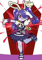 Rule 34 | 1girl, ^ ^, alternate costume, asymmetrical sleeves, black dress, black footwear, blood, blood splatter, blue skin, bone, breasts, closed eyes, closed mouth, coffin, colored skin, commentary request, dress, earrings, elbow gloves, full body, gloves, hair over one eye, hand up, highres, idol, imeni-art, jewelry, jimafy, large breasts, leviathan (skullgirls), long hair, long sleeves, looking at viewer, no socks, object through head, outstretched arm, puffy short sleeves, puffy sleeves, purple hair, red eyes, shirt, short sleeves, single elbow glove, skull, skullgirls, smile, solo, squigly (skullgirls), standing, standing on one leg, stitched mouth, stitches, striped clothes, striped footwear, twintails, uneven sleeves, v, white footwear, white gloves, white shirt, yellow eyes, zombie