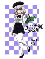 Rule 34 | 1girl, 2023, alligator, bag, beret, birthday, black bow, black bowtie, black footwear, black hat, black skirt, blue eyes, bow, bowtie, casual, center frills, checkered background, closed mouth, collared shirt, commentary, crocodilian, dated, flats, frills, girls und panzer, grey hair, hat, holding, holding bag, itsumi erika, long sleeves, looking at viewer, medium hair, miniskirt, outline, pantyhose, pleated skirt, purple background, shirt, skirt, smile, solo, standing, standing on one leg, takahashi kurage, white outline, white pantyhose
