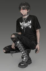 Rule 34 | 1boy, band shirt, belt boots, black choker, black footwear, black hair, black nails, black pants, black shirt, blouse, boots, bracelet, cellphone, choker, denim, ear piercing, earrings, fangs, fingernails, goth fashion, gradient background, grey background, heavy metal, highres, hirota tsuu, holding, holding phone, jeans, jewelry, looking at viewer, male focus, mayhem (band), merchandise, nail polish, necklace, original, pants, pants tucked in, parted lips, phone, piercing, red eyes, shirt, short hair, short sleeves, slayer (band), smartphone, solo, spiked choker, spikes, squatting, torn clothes, torn pants